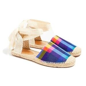 NEW J. Crew Lace-Up Espadrille Sandal Navy Madras Size 7.5M Ankle Wrap Cute Flat